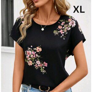 SHEIN Black Floral Short Sleeve Women's Top